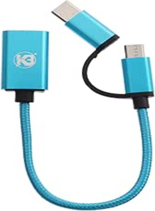 ​K3 A77 2-in-1 OTG USB Cable – Type-C + Micro USB, Nylon Braided Durable Cord, High-Speed Data Transfer, Compatible with Android Devices, Power Banks, and More – Turquoise